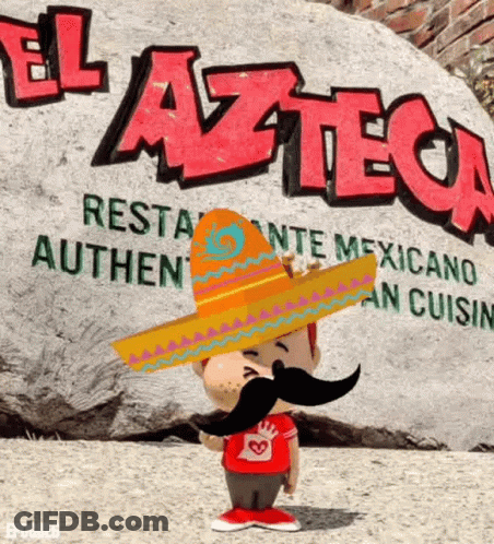 Cartoon Character In Sombrero And Mustache At El Azteca Sign GIF