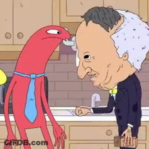 Cartoon Character In Suit Beside Red Monster In Kitchen GIF
