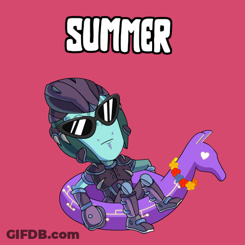 Cartoon Character In Sunglasses On Purple Float Saying Summer GIF