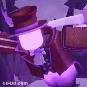 Cartoon Character In Top Hat And Purple Cape Holding Sword GIF