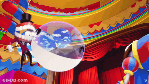 Cartoon Character In Top Hat Blowing Soap Bubble GIF