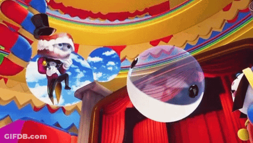 Cartoon Character In Top Hat Flying Through Colorful Room GIF