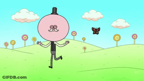 Cartoon Character In Top Hat Running In Field With Butterfly GIF