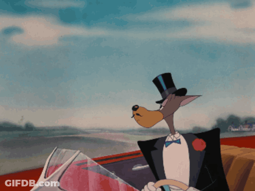 Cartoon Character In Tuxedo And Top Hat Driving Car GIF