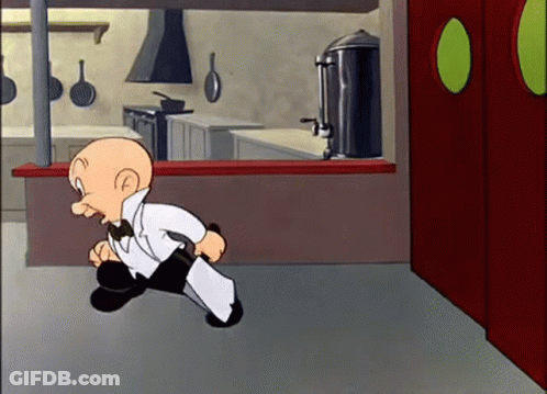Cartoon Character In Tuxedo Running In Kitchen GIF