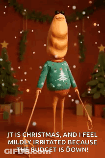 Cartoon Character In Ugly Christmas Sweater Holding Skis GIF