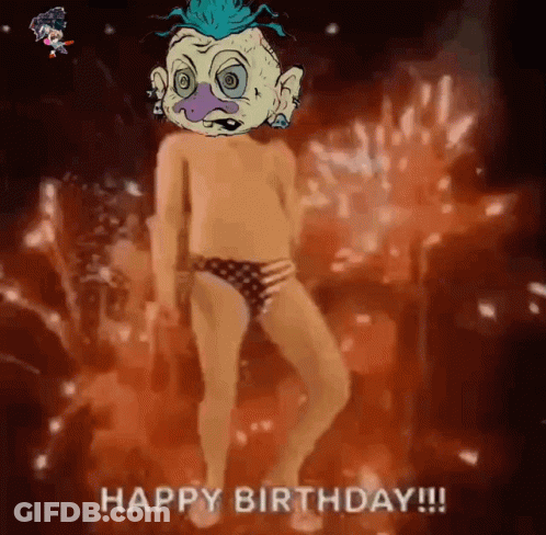 Cartoon Character In Underwear Dancing Fireworks Saying Happy Birthday GIF