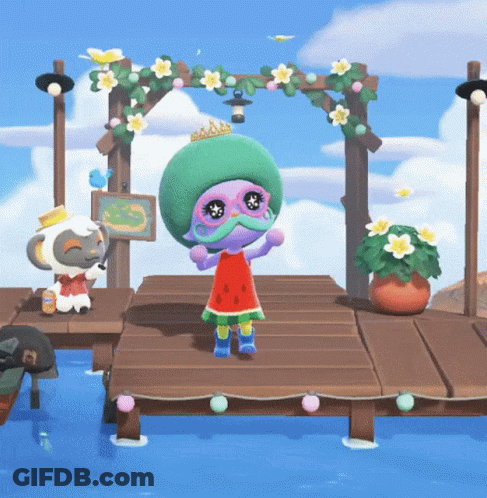 Cartoon Character In Watermelon Dress On Dock GIF
