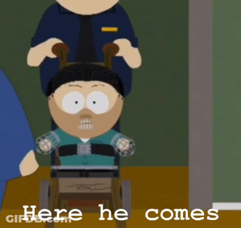 Cartoon Character In Wheelchair Saying Here He Comes GIF