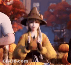 Cartoon Character In Witch Hat Sitting On Pumpkin GIF