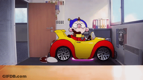 Cartoon Character In Yellow Car With Oque Poster GIF