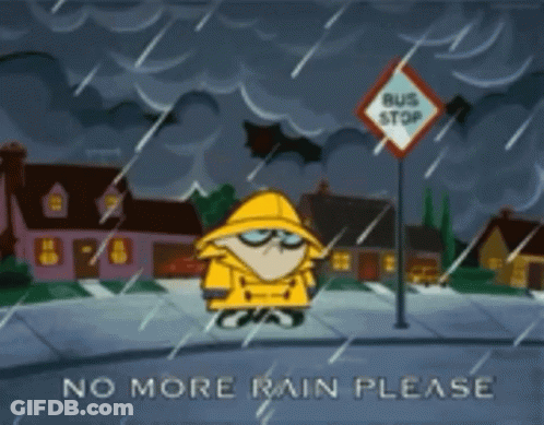Cartoon Character In Yellow Raincoat At Bus Stop GIF