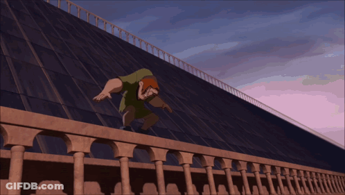 Cartoon Character Jumping Over Fence With Purple Sky GIF