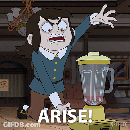 Cartoon Character Kneeling Before Blender With Arise GIF