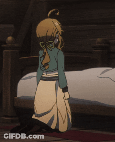 Cartoon Character Kneeling Beside Bed GIF