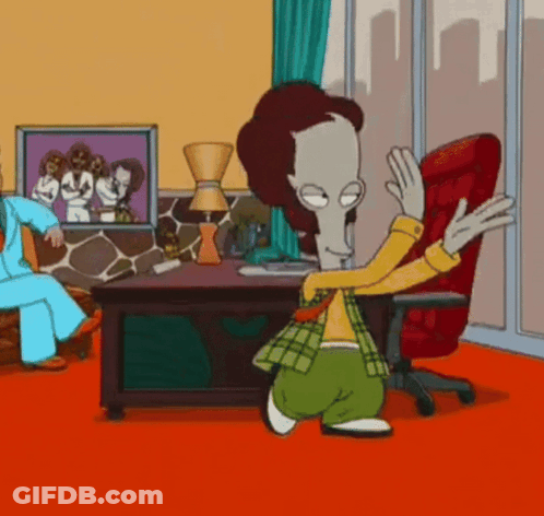 Cartoon Character Kneeling In Front Of Red Chair GIF