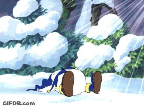 Cartoon Character Laying In Snow With Sun Through Clouds GIF