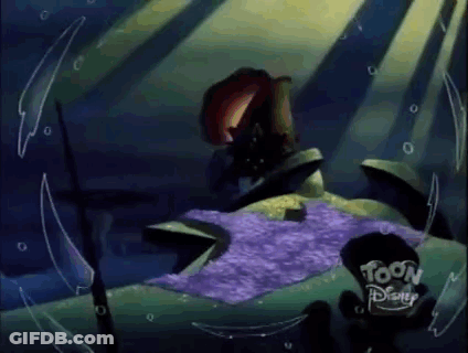 Cartoon Character Laying In Water With Purple Blanket GIF