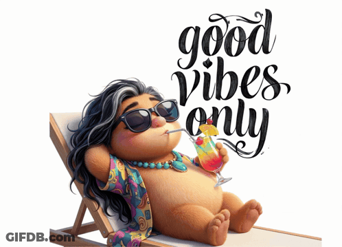 Cartoon Character Laying On Beach Chair Drinking Good Vibes Only GIF