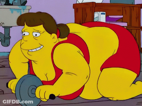 Cartoon Character Laying On Floor Holding Dumbbell Smiling GIF