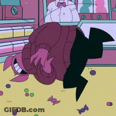 Cartoon Character Laying On Floor With Candy GIF