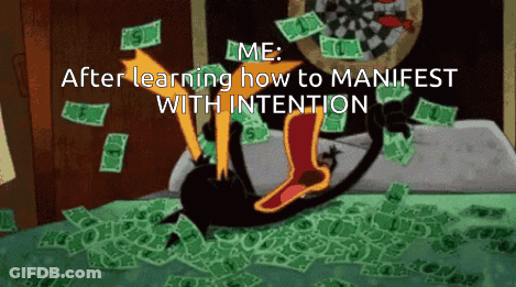 Cartoon Character Laying On Money Manifesting With Intention GIF