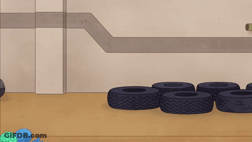 Cartoon Character Laying On Tire With Purple Circle Around Head GIF