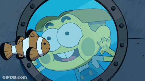 Cartoon Character Looking At Clown Fish Through Window GIF