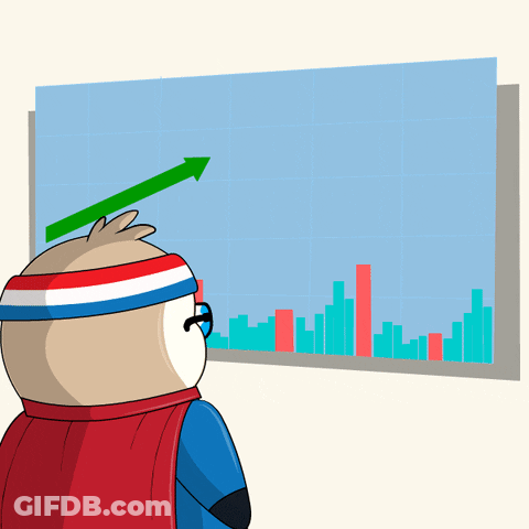 Cartoon Character Looking At Graph With Green Arrow Going Up GIF