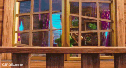 Cartoon Character Looking Out Window With Purple Curtain GIF