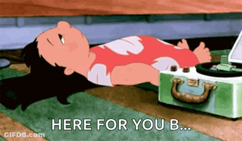 Cartoon Character Lying Beside Record Player And Suitcase GIF