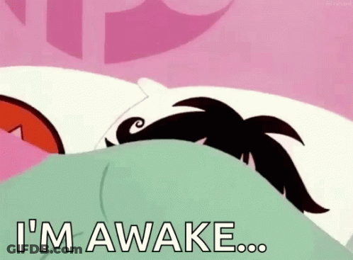 Cartoon Character Lying In Bed Saying Im Awake GIF