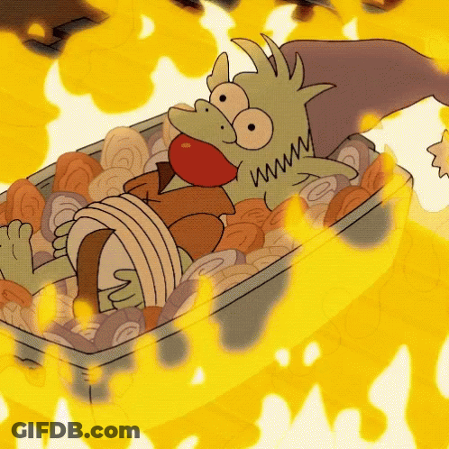 Cartoon Character Lying In Flaming Food Container GIF