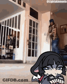 Cartoon Character Lying On Floor With Man Standing Behind GIF