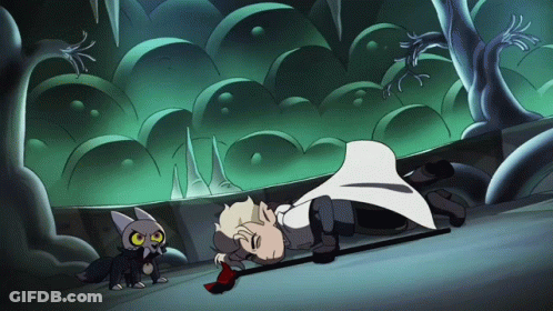 Cartoon Character Lying On Ground With Cat Looking On GIF