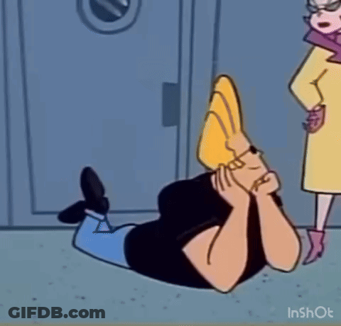 Cartoon Character Lying On Ground With Woman Standing Behind GIF