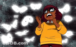 Cartoon Character Making Funny Face In Front Of Ghosts GIF