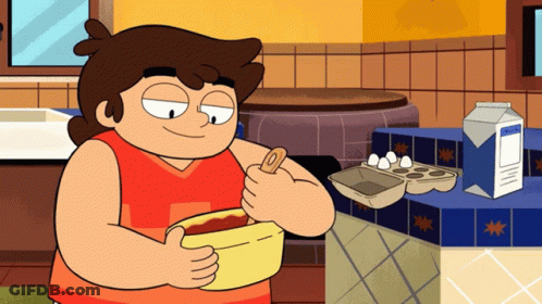 Cartoon Character Mixing Bowl In Kitchen GIF