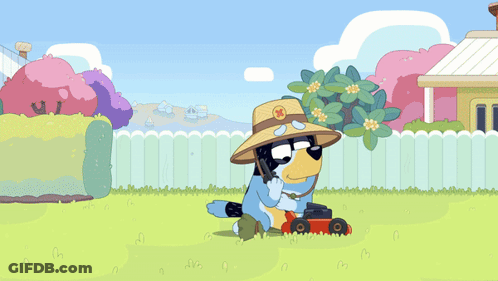 Cartoon Character Mowing Lawn GIF