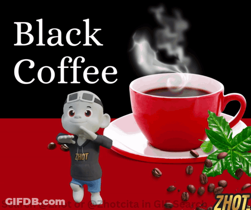Cartoon Character Next To Black Coffee And Beans GIF