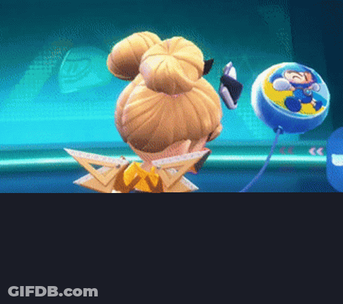 Cartoon Character Next To Blue Balloon GIF