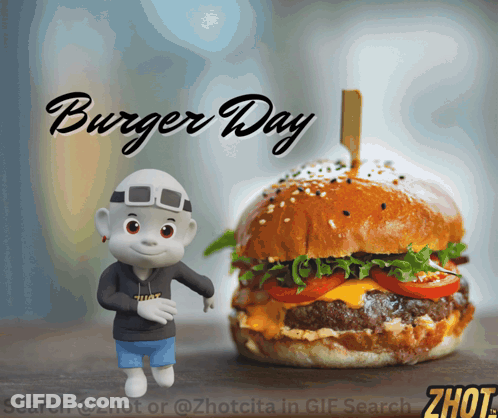 Cartoon Character Next To Burger Day Sign GIF