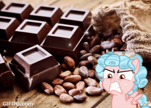 Cartoon Character Next To Chocolate Bar And Cocoa Beans GIF