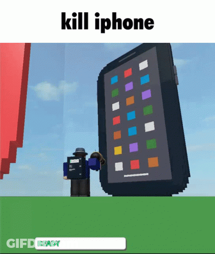 Cartoon Character Next To Giant IPhone Saying Kill IPhone GIF