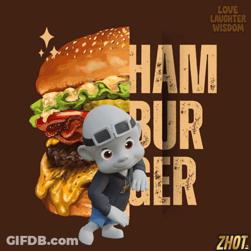 Cartoon Character Next To Hamburger Love Laughter Wisdom GIF