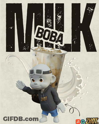 Cartoon Character Next To Milk Boba GIF