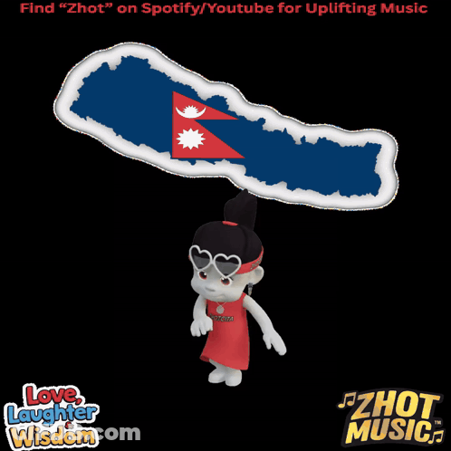 Cartoon Character Next To Nepal Map Saying Love Laughter Wisdom GIF