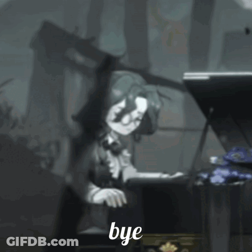 Cartoon Character Next To Piano Saying Bye GIF