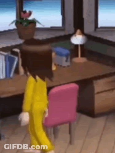 Cartoon Character Next To Pink Chair GIF
