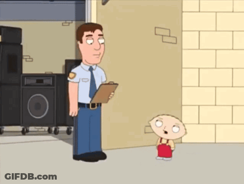 Cartoon Character Next To Police Officer Holding Clipboard GIF